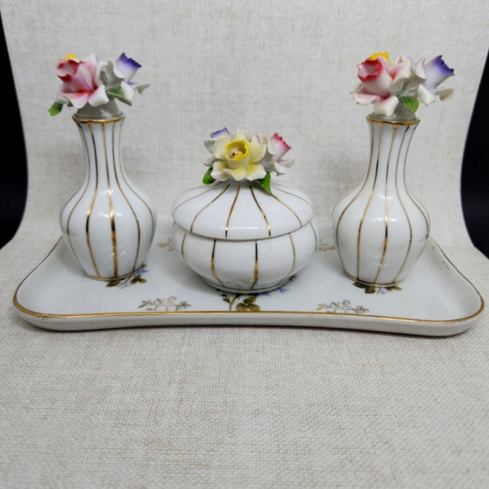Vintage American Crystal Porcelain Perfume Bottles, Powder Jar with Underplate